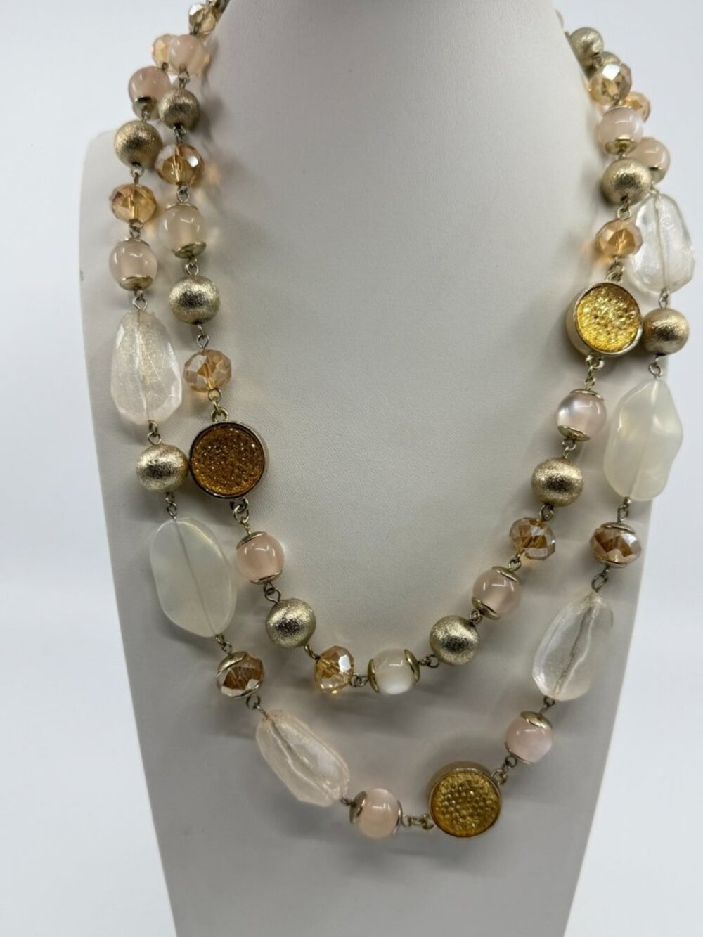 Ann Taylor Beaded Multi Strand Necklace Champagne Gold Tone Boho Chic